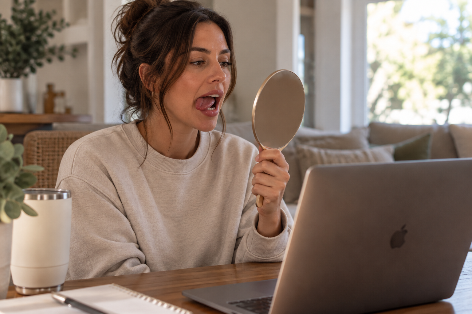 Patient practicing a myofunctional therapy exercise at home during a virtual session