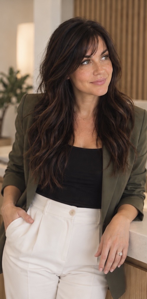 Bobbie leaning against a counter at home in an olive blazer
