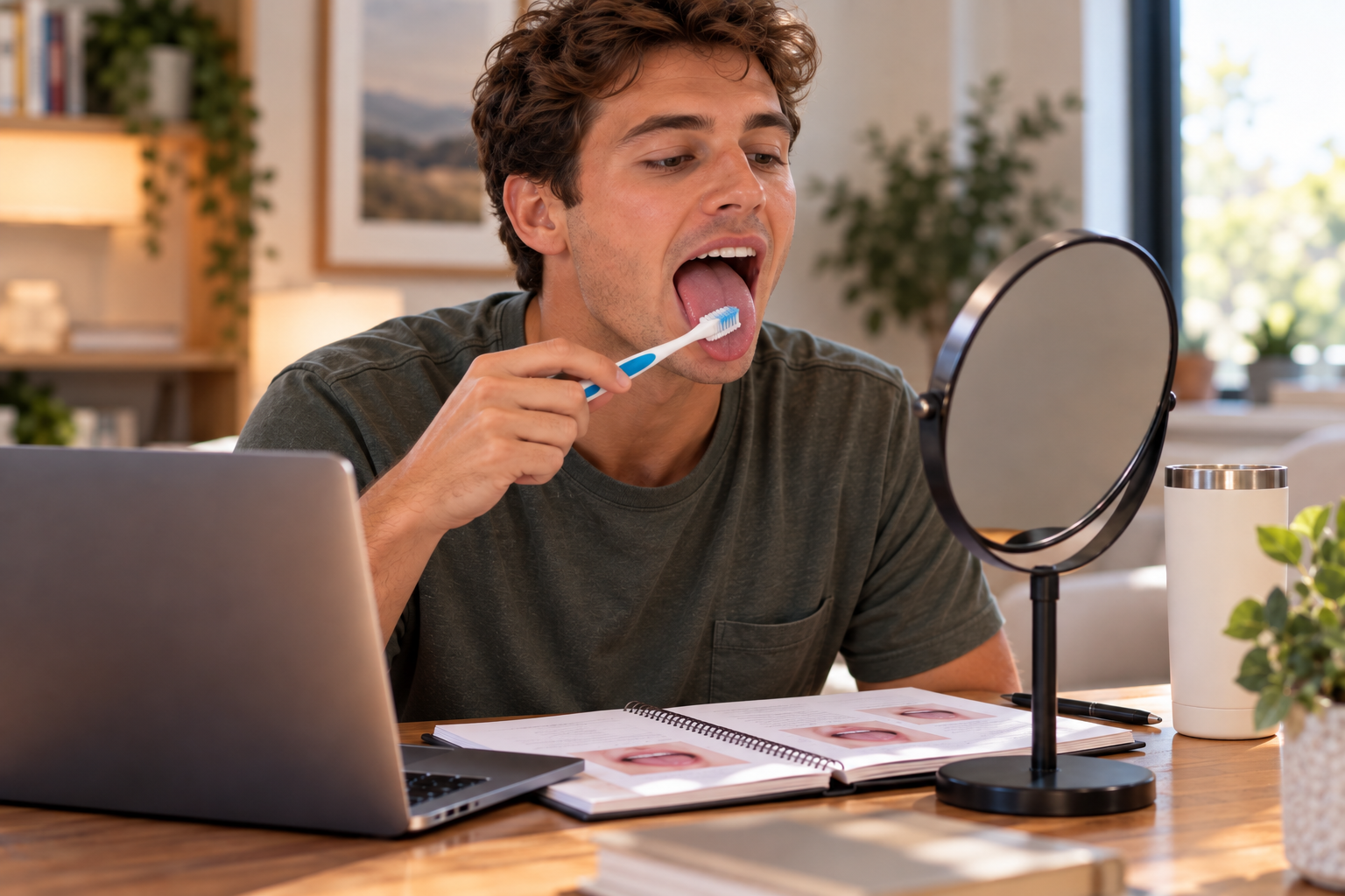 A man practicing tongue cleaning with a toothbrush at home during a virtual therapy session